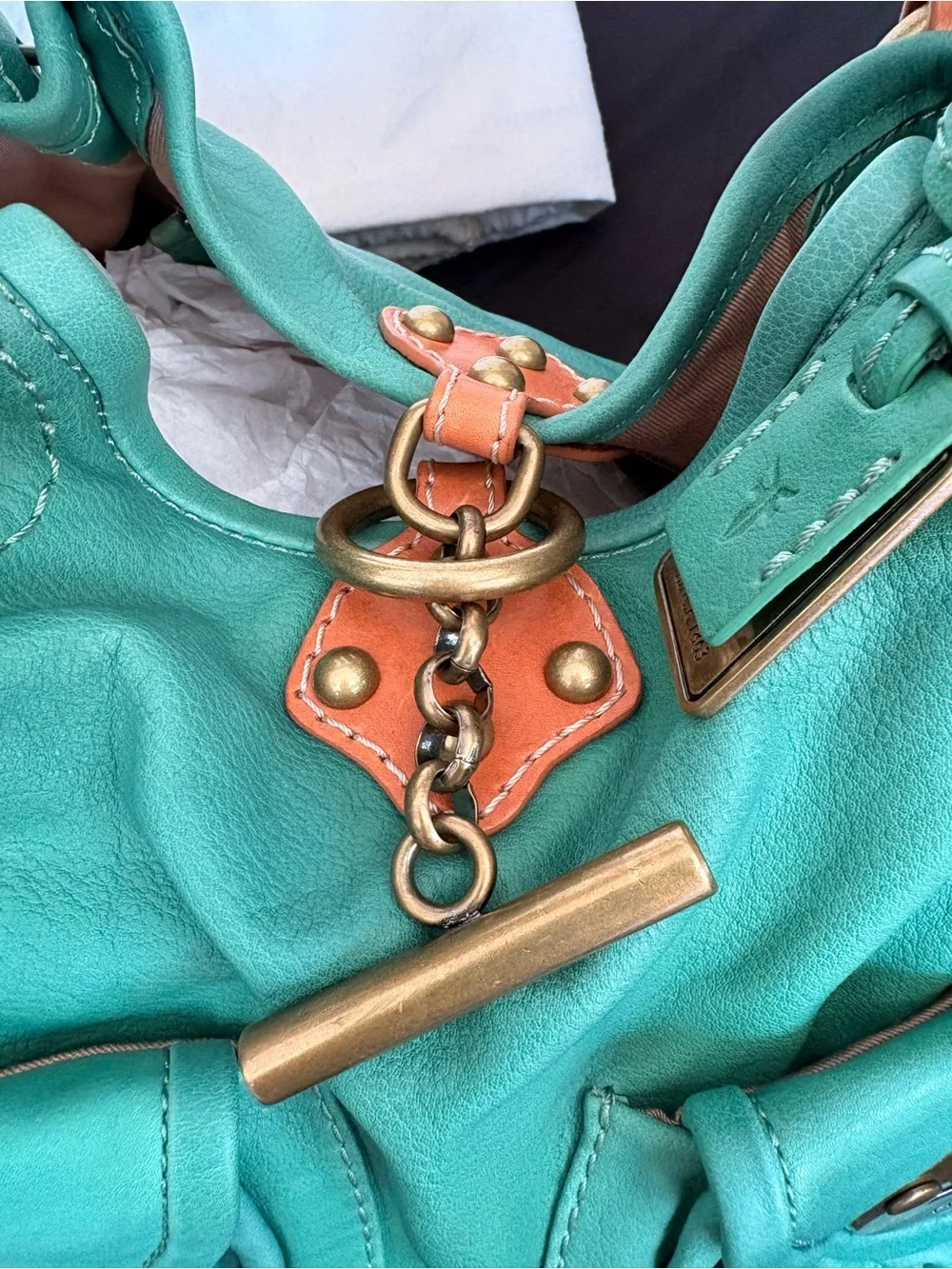 RARE Y2K Frye Turquoise Leather Ruched-Handle Shoulder Bag with Brass Hardware